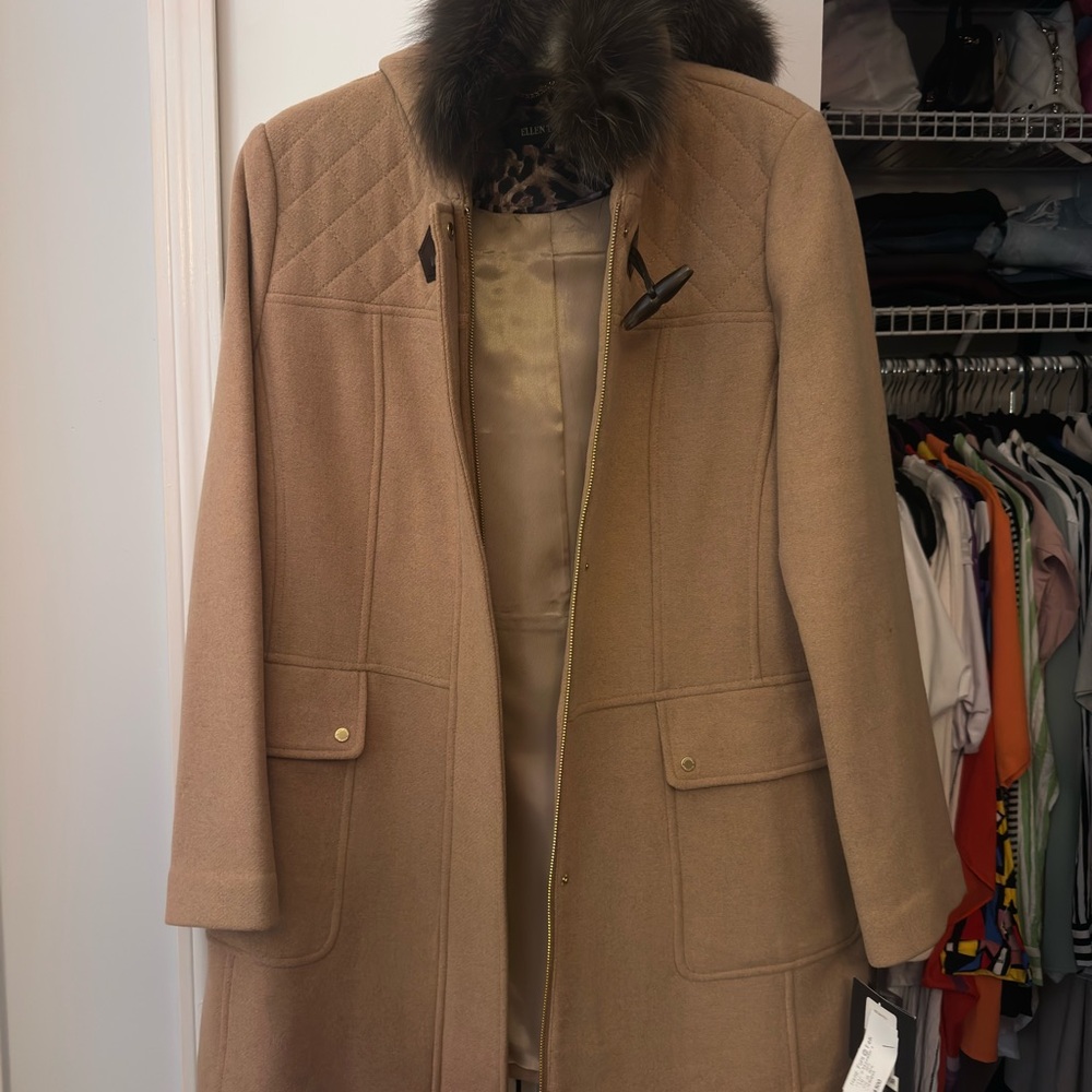 Ellen Tracy Blue fox and wool hooded coat